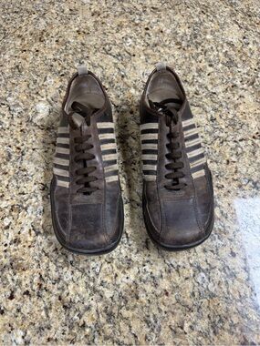 Steve Madden Brown Leather Sneakers with Cream Stripes